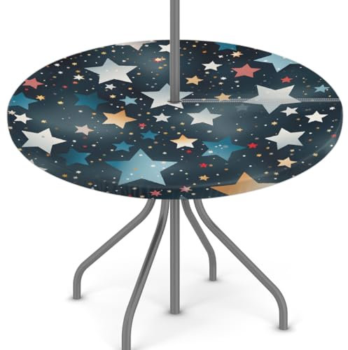 Woltant Nappe ronde avec trou de parasol et fermeture éclair facile à nettoyer avec bords élastiques - Protection de table d'extérieur pour jardin, terrasse, barbecue - Motif étoiles galaxie - Bleu