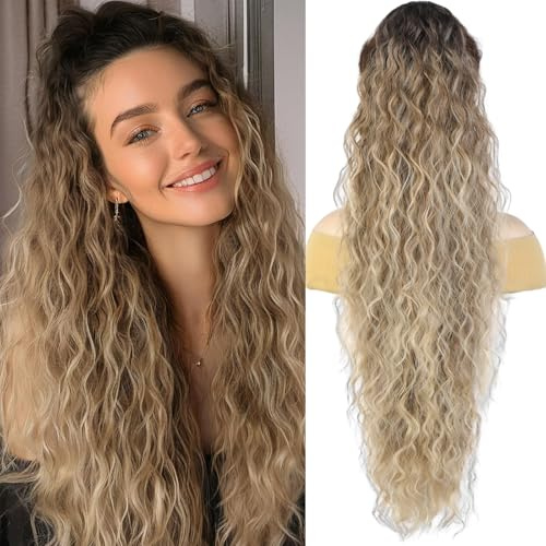 Humistwbiu Claw Clip Ponytail Extension, Ombre Brown Mix Blonde | For Women, 30 Long Ponytail Hair Piece, Wavy Curly, Synthetic Hairpieces