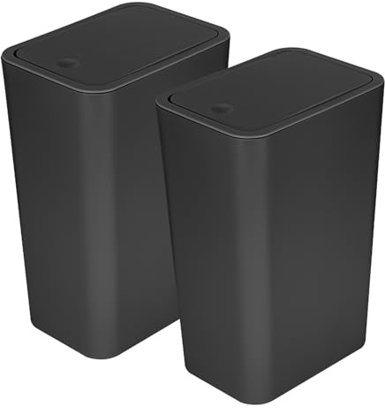 JF HOME BLISS 2PCS Slim Bathroom Bin with Lid – 10L Compact Plastic Rubbish Bin Set for Toilet, Bedroom, Office, Kitchen – Dog Proof Push-Button Waste Bins (Black)