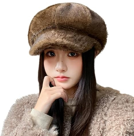 WANYI Schirmmütze Baskenmütze Damen Koreanisch Stil Ballonmütze Newsboy Cap Plüsch Barett mit Krempe Warm Weich Mütze für Herbst/Winter 56-58CM(Curry)