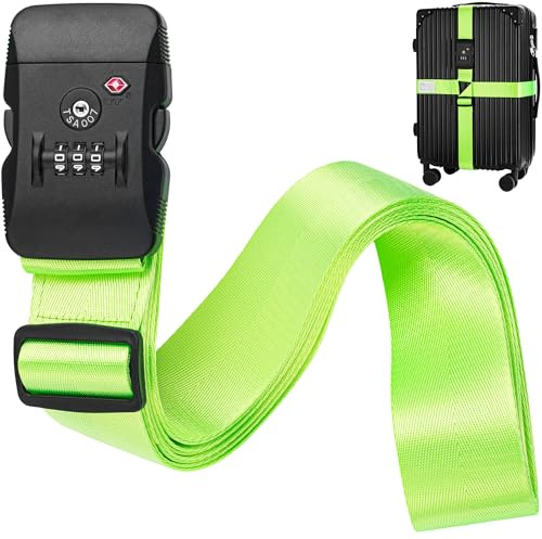 BlueCosto - Cinghia per Bagagli con Lucchetto TSA - Regolabile da 2,2 a 4 m, Verde Neon - Cintura di Sicurezza per Valigia Approvata TSA con Serratura a Combinazione a 3 Cifre