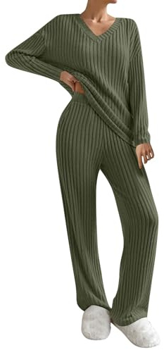 Conjunto Punto Mujer 2 Piezas Invierno Otoño Pijama Sets de Color Sólido Chandal Completo Deportivo Suéter de Manga Larga Cuello en V y Pantalones Ancha Casual Traje Dos Piezas (02-Army Green, XL)