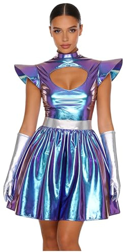 Miutii Dam utomjordingskostym, metallisk, rymdflickklänning med handskar, wetlook, miniklänning, festklänning, halloween, karneval, maskerad, blå, S