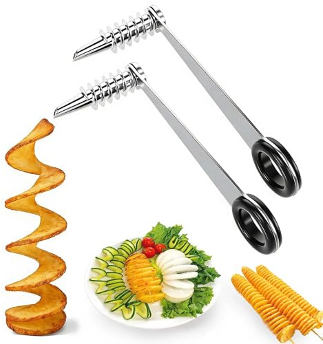 KNUIUYY 2 PCS Coupe Pomme de Terre Spirale, Spirale Twister de Pomme de Terre, Inoxydable Pommes de Terre Manuel Spiral Cutter, pour Fruits et Légumes Créatifs à Torsion Carotte Courgette Concombre