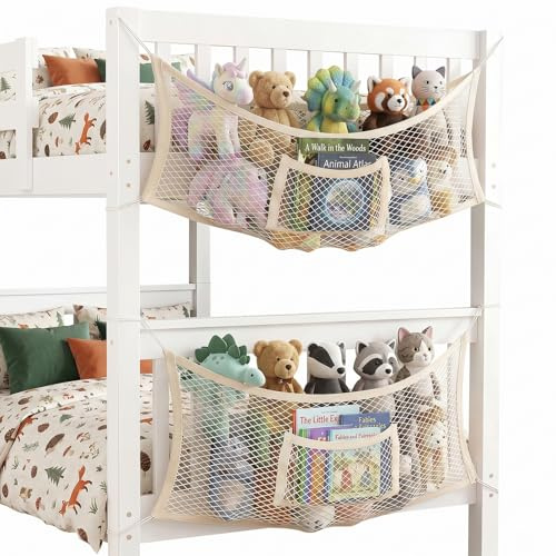 Kkluno Kuscheltier Aufbewahrung Netz - 2 Stück Bettseite Platzsparender Stofftier Organizer aus Baumwolle Hängende Netztasche im Boho Makramee Stil für Kinderzimmer Schlafzimmer Wohnzimmer
