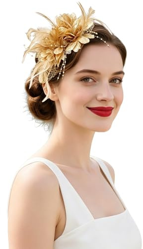 Chapeau Bibi Mariage Beige Bandeau Plumes de Fleur Artificielle, Années 1920 Fascinateur Plumes pour Femmes, Vintage Serre Tete Vert, Accessoires Cheveux pour La Saint-Patrick Cocktail Mariage Goûter