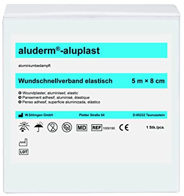 Söhngen Wundpflaster aluderm-aluplast elastisch (Größe 5m x 8 cm, Wundauflage aluminiumbedampft, verklebt nicht / fasert nicht / stark saugend, Pflaster hautbildungs- + heilungsfördernd, atmungsaktiv)