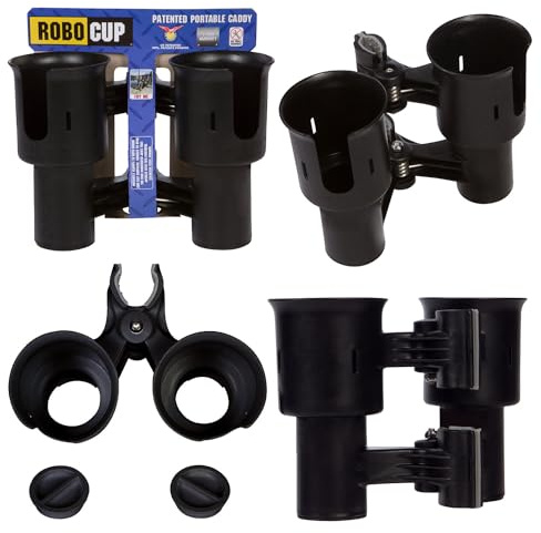 ROBOCUP, (Black), Patented Clamp On Boat Cup Holder |Multifunction Dual Drink Caddy for Fishing Poles, Tools, Net, Gaff |Portable Storage for Boating, Beach, Umbrellas, Golf Carts, Strollers