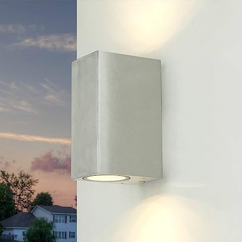 Licht-Erlebnisse Outdoor Wandleuchte GU10, Up Down Leuchte Außen, Silber, IP44, wetterfest, B:6,8 cm, 2-flammig, Haus, Terrasse, Balkon, Modern, Aussenlampe Wand