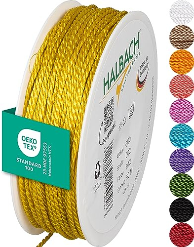 Halbach Satinkordel, 2 mm x 50 m, gelb | Glänzende Acetat-Kordel, Made in Germany und Öko-Tex 100 zertifiziert, waschbar und wetterfest, ideal für Indoor und Outdoor