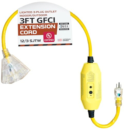IRON FORGE CABLE 3 Foot Lighted Outdoor GFCI Extension Cord with 3 Electrical Power Outlets - 12/3 SJTW Heavy Duty Yellow Pigtail Extension Cable with 3 Prong Grounded Plug for Safety, 15 AMP