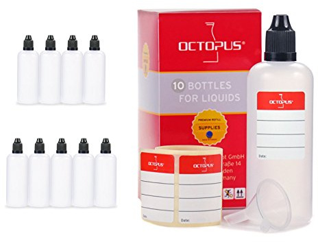 Octopus 10 x 100 ml Liquidflaschen mit Trichter + Etiketten, Plastikflaschen aus PE LDPE, Liquid Dosierflaschen, Tropfflaschen bzw. Quetschflaschen + schwarze Deckel