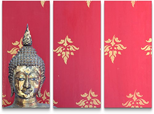 Paul Sinus Art Leinwandbilder | Bilder Leinwand 130x90cm Kopf einer Buddha Statue vor thailändischer Wandmalerei
