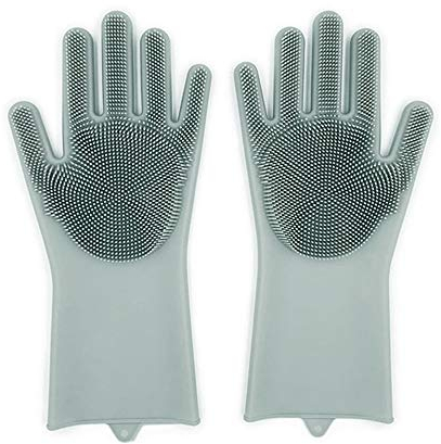 Silikon Handschuhe,Spülhandschuhe, Handschuhe mit Bürste, hitzebeständig Handschuhe Schrubber Reinigungshandschuh für Haushalt, Geschirrspülen, Autowäsche, Tierpflege (Grau)