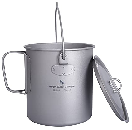 Boundless Voyage Outdoor 750ml 800ml 1100ml 1300ml Titanium Pot with Lid Folding Bail Handle Camping Hiking Picnic Ultralight Portable Water Bottle Cup Mug Spork Set (1250ml)