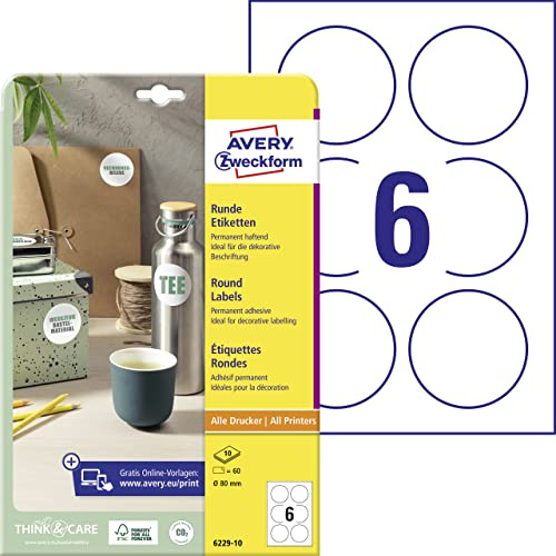 AVERY Zweckform 6229–10 runda etiketter (60 självhäftande prickar, Ø 80 mm till A4, runda klistermärken för tryck, självhäftande produktetiketter, permanent självhäftande syltetiketter) 10 ark, vit