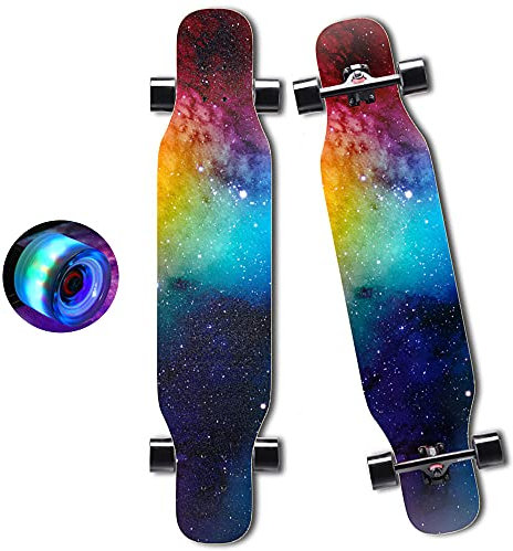 Longboard 43 Zoll, Komplettes Skateboard mit LED-PU-Rädern und Schutzausrüstung, 7 Etagen Ahornholz Longboard für Anfänger Kinder, Teenager, Jungen, Mädchen und Erwachsene (Universum)