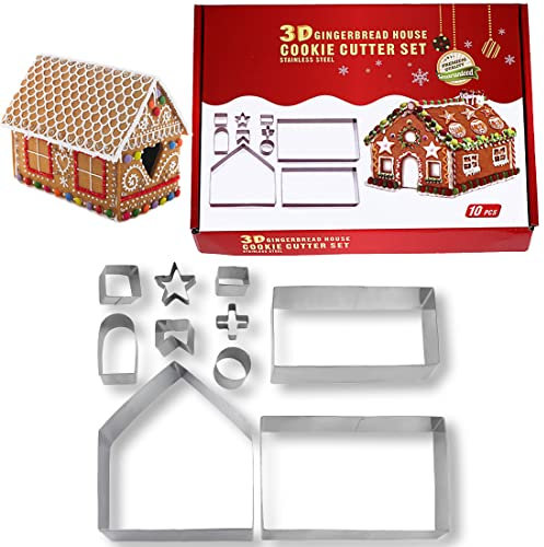 SUNCHE 10 Pezzi Gingerbread House di Natale, Formine Biscotti Natalizie 3D, Christmas Cookie Cutters Set, Stampini per Biscotti in Acciaio Inossidabile, Stampo Casa di Marzapane, per Cuocere di Cucina