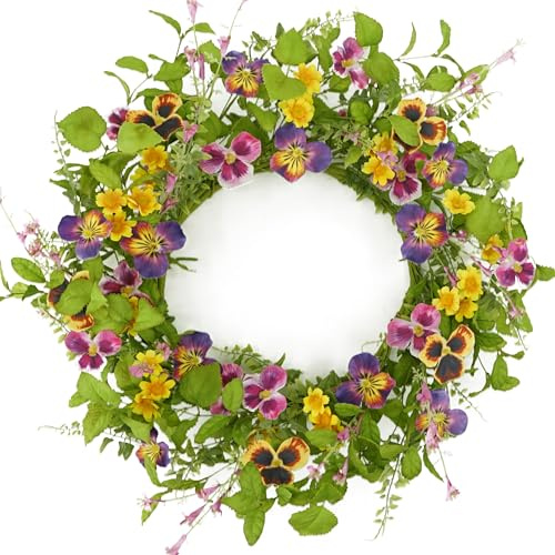Artificial 20 Spring Summer Wreath with Pansy Flower,Yellow Daisy,Rose Leaf,Eucalyptus Leaf,Fern Branch for Front Door Indoor Outdoor Farmhouse Wall Window Festival Wedding Decor,Gift Box Included
