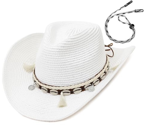 GEMVIE Sombreros de Paja para Mujer Sombrero de Sol Gorra de Playa con Cinta de Concha + UPF50 Ajustable y Empacable Mujer Sombrero de Verano Fedora Trilby
