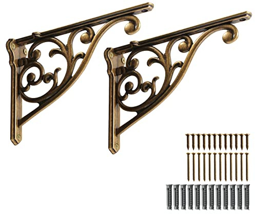 Regalhalterungen, 20,3 cm, antikes Messing, Metallhalterung für Regale, kunstvolle, dekorative Wandhalterungen für Regale (2, antikes Messing), 2 Stück