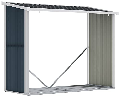 Outsunny Castille pour bois en acier galvanisé Abri de rangement de bûches avec toit inclliné pour jardin Terraza Extérieur 185 x 84 x 133,5 / 148,5 cm Gris