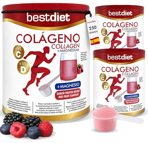 Colágeno con Magnesio y Vitaminas C y D en Polvo 250 g (Pack de 3) – Colágeno Hidrolizado Sabor Frutos Rojos – Complemento Alimenticio para Huesos, Músculos y Formación Normal de Colágeno – Bestdiet