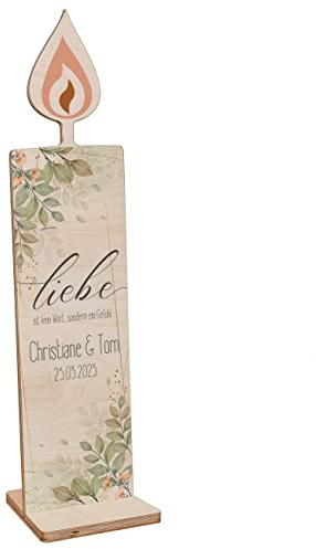 Herz & Heim® Holzaufsteller als Hochzeitskerze, 80 cm, verschiedene Motive, mit Wunschnamen und Datum Liebe ist kein Wort ...