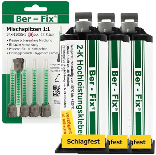 Ber-Fix Hochleistungskleber 2K MMA 30 Min 3x50g + 13 Düsen ohne Pistole | Hochleistungskleber 30 Min als 3x50g-Kartusche; passende Dosierpistole erforderlich, aber nicht enthalten.