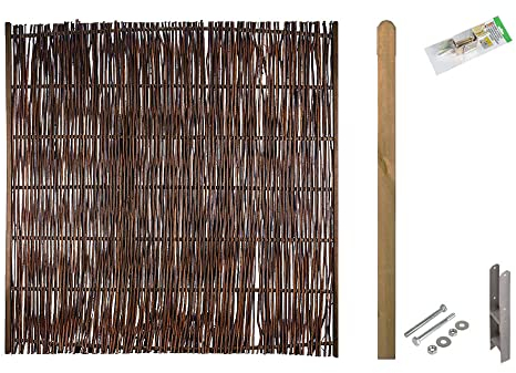 Weidenzaun | Erweiterungsset mit Montagematerial & 1 Stk. Sichtschutz-Zaun 180x180 cm & 1 Pfosten (braun) 9x9x190 cm | ca. 1,89 lfdm. | Gartenzaun | Sichtschutz Weide | Zaunelement | Zaunfeld