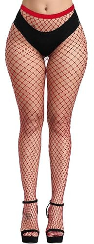 CozyWow - Medias de cintura elástica para mujer, cintura alta, Medias de malla de pesca con liga muslo medias altas para, Agujero central rojo, Talla única