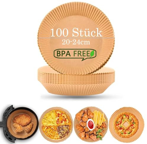 Backpapier Airfryer 4,2-6,5 L, 100 Stück 20-24cm Backpapier für Heißluftfritteuse XL, Wasserdicht und ölfest Antihaft Einweg Luftfritteusen für Heißluftfritteuse, Ofen und Grill