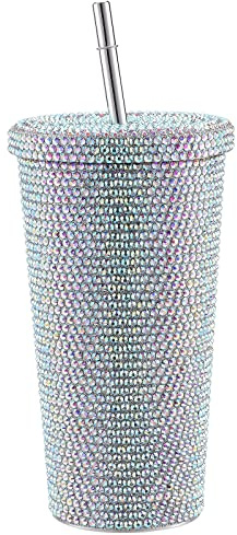 Dubbade Diamantglas 500 ML Isolerade Koppar med Dubbla Väggar med Sugrör och Borstar, Bling Rhinestone Resemugg för Kvinnor Present(Flerfärgad)