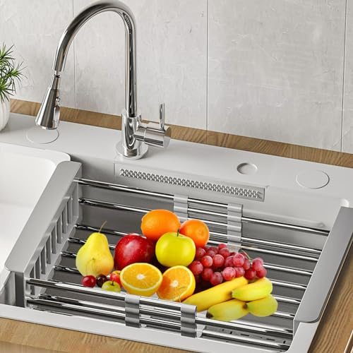 Tuzsocr Égouttoir à vaisselle extensible au-dessus de l'évier, passoire d'évier en acier inoxydable, égouttoir à vaisselle avec panier à couverts, utilisé pour évier de cuisine ou égoutter les fruits