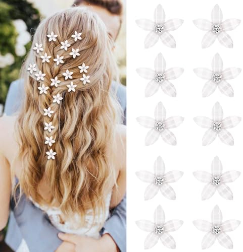 Mezrkuwr 10 Stück weiße kleine Blumen-Haarspangen, Mini-süße Strass-Metall-Haarnadeln für Frauen, Braut-Haarspangen für Mädchen, Hochzeit, Haarschmuck, dekorativ