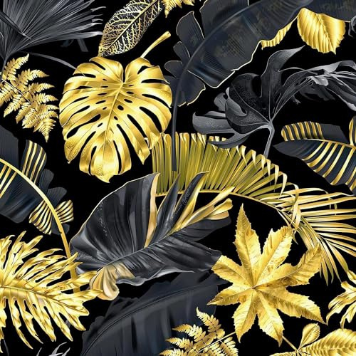 FunStick 44.5CM×9M Dschungel Tapete Selbstklebend Schwarz Gold Möbelfolie Selbstklebend Blätter Tropisch Tapete Schlafzimmer Abnehmbare Klebefolie Schwarz Muster Gold Schrankpapier Dekofolie Gold Wand