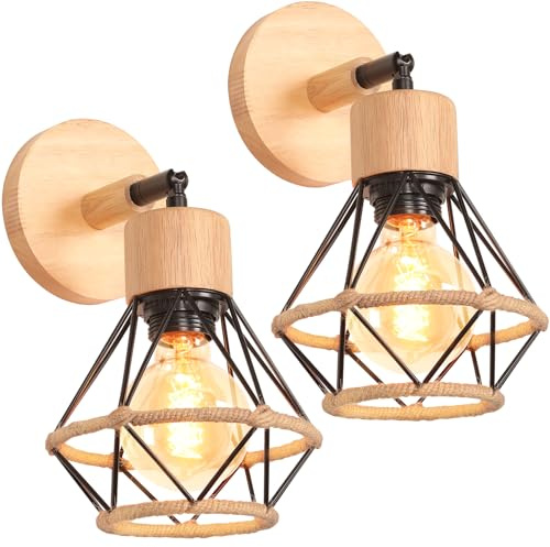2 pezzi Lampada da Parete Industriale Vintage Applique da Parete E27 in Corda di Canapa Lampada a Muro Regolabile Metallo e Legno 16CM per Camera da Letto Corridoio (Applique -B- 2)