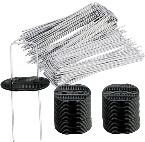 HEYOUTH Profi 50 Erdanker+50 Pufferscheibe,Erdanker Verzinkt,Unkrautvlies Erdanker,Erdspieße Bodenanker,U-Form Erdnägel,für Gartenflies, Unkrautvlies, Netzen, Zelt ((150mm*40mm*Ø2.5mm)