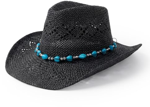 Michear Cowboyhut aus Stroh für Damen, Western-Cowgirl-Hut, Cowgirl-Hut mit Perlenbesatz und formbarer Krempe, Schwarz , Einheitsgröße