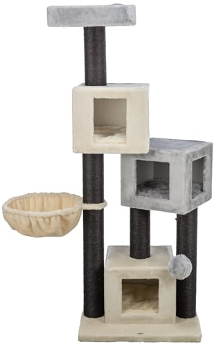 TRIXIE Katzen-Kratzbaum Enzo, mehrstöckig – 156 cm, Creme/grau/schwarz | Robuste Sisal-Kratzflächen und weiche Polster – bietet Kratzspaß, Spiel und entspannten Rückzug für Katzen