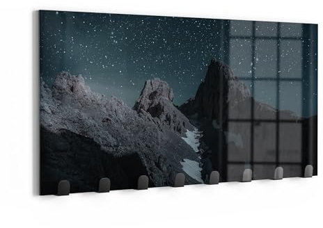 DEQORI Wandgarderobe Glas & Metall | Motiv Sternenklare Berge | 60x30 cm | Design Haken-Leiste modern | Garderoben-Paneel für Flur, Wohnzimmer & Schlafzimmer | magnetisch & beschreibbar