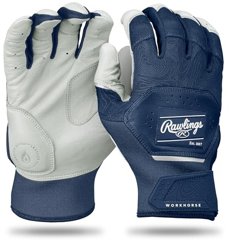 Rawlings Guantes de bateo de béisbol para Adultos, Color Blanco/Azul Marino, Talla SML