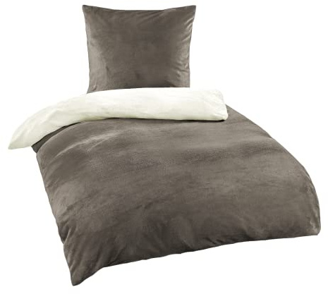 BaSaTex Cashmere-Touch Bettwäsche Set, 135x200 + 80x80 cm, Wollweiss Taupe | Plüsch Winter, warme Nicky Teddy Flausch Qualitäts-Bettwäsche, Kissenbezug
