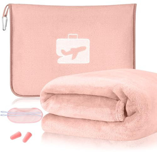 flintronic Couverture de Voyage Avion, 2 en 1 Couverture et Oreiller de Voyage Doux et Chaud, avec Masque de Sommeil et Bouchons d'oreille, avec Pince de Sac à Dos, pour Avion, Voiture, Bureau - Rose