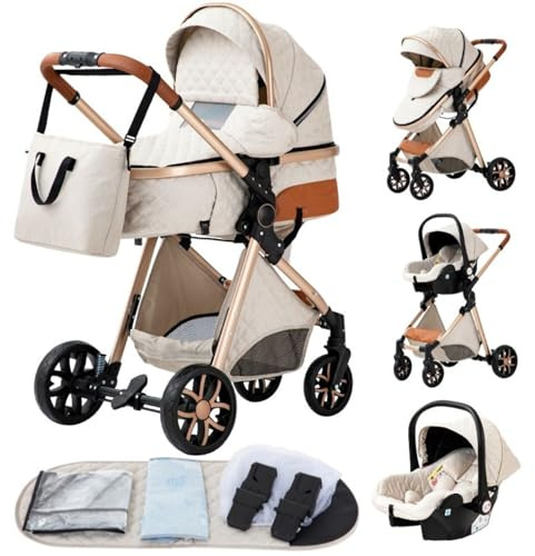 YAZOCO Carrito de Bebé 3 en 1, Plegable Carricoche de 3 Piezas, Cambiador, Cubrepiés, Mosquiteros, Cubiertas de Lluvia, Accesorios de Asiento (L V9 Crema)