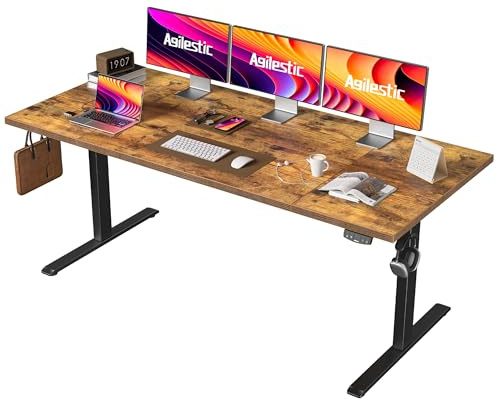 Agilestic 180 x 80 cm höj- och sänkbart skrivbord, sit-stand-skrivbord med minnesfunktion, ergonomiskt datorskrivbord, bestående av fyra sammanfogade bordsskivor, brunt