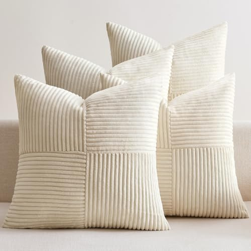 EMEMA Kissenbezug Kordsamt Patchwork Kissenhülle 40x40 Beige | 4er Set Zierkissenbezug Dekokissen Sofakissen Kord Dekorative Kissen für Sofa Sessel Zuhause Schlafzimmer