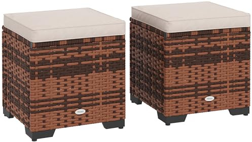 Outsunny 2er Set Rattan Stauraum Ottomane Outdoor Fußhocker mit abnehmbaren Kissen Garten Aufbewahrungssitz für Balkon Veranda Wohnzimmer Beige