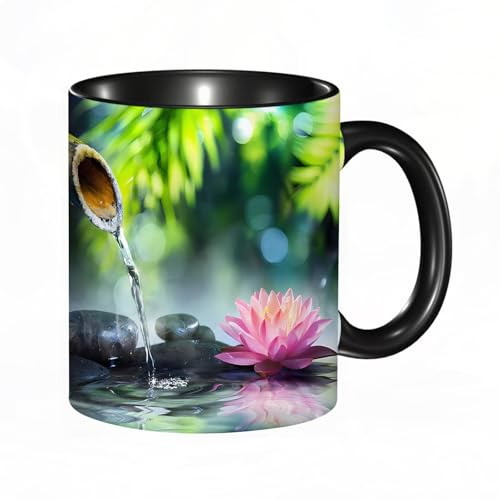 HRRASFAZF Ceramic Coffee/Tea Mug, 11 oz Funny Mugs,Zen Garden with Black Stones and Pink Waterlily,Gifts for Mothers Day,Birthdays,Christmas,Valentines,Anniversaries