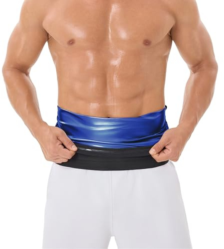Donason Waist Trainer for Men Workout Slimming Sweat Belt Tummy Control Sauna Waist Trimmer for Weight Loss Body Shaper Fitness Gym Corset Back Lumbar Support Belly Fat Burner (L, Blue Inner)